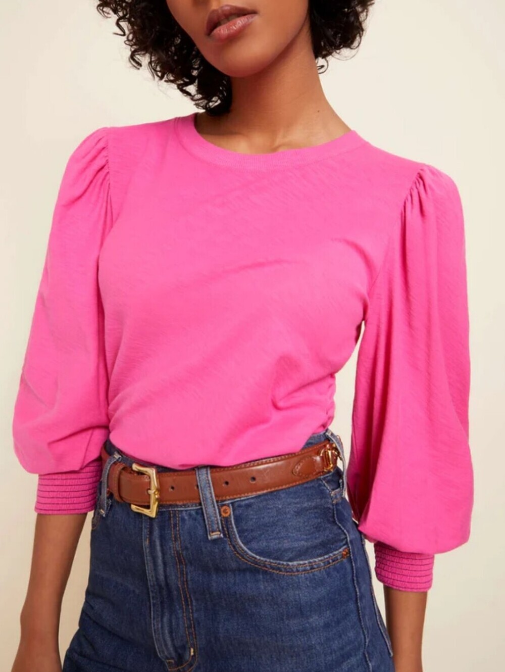 Anthropologie NEW Nation LTD Loren Smocked Tee Blouson Sleeve Top Hot Pink SZ XL